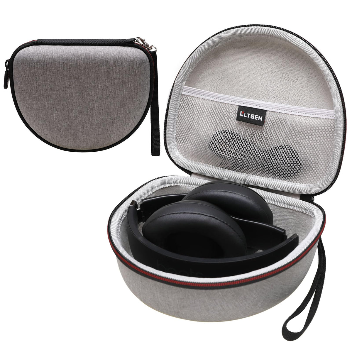 L LTGEM headphone case interior cushions headphones with soft lining.