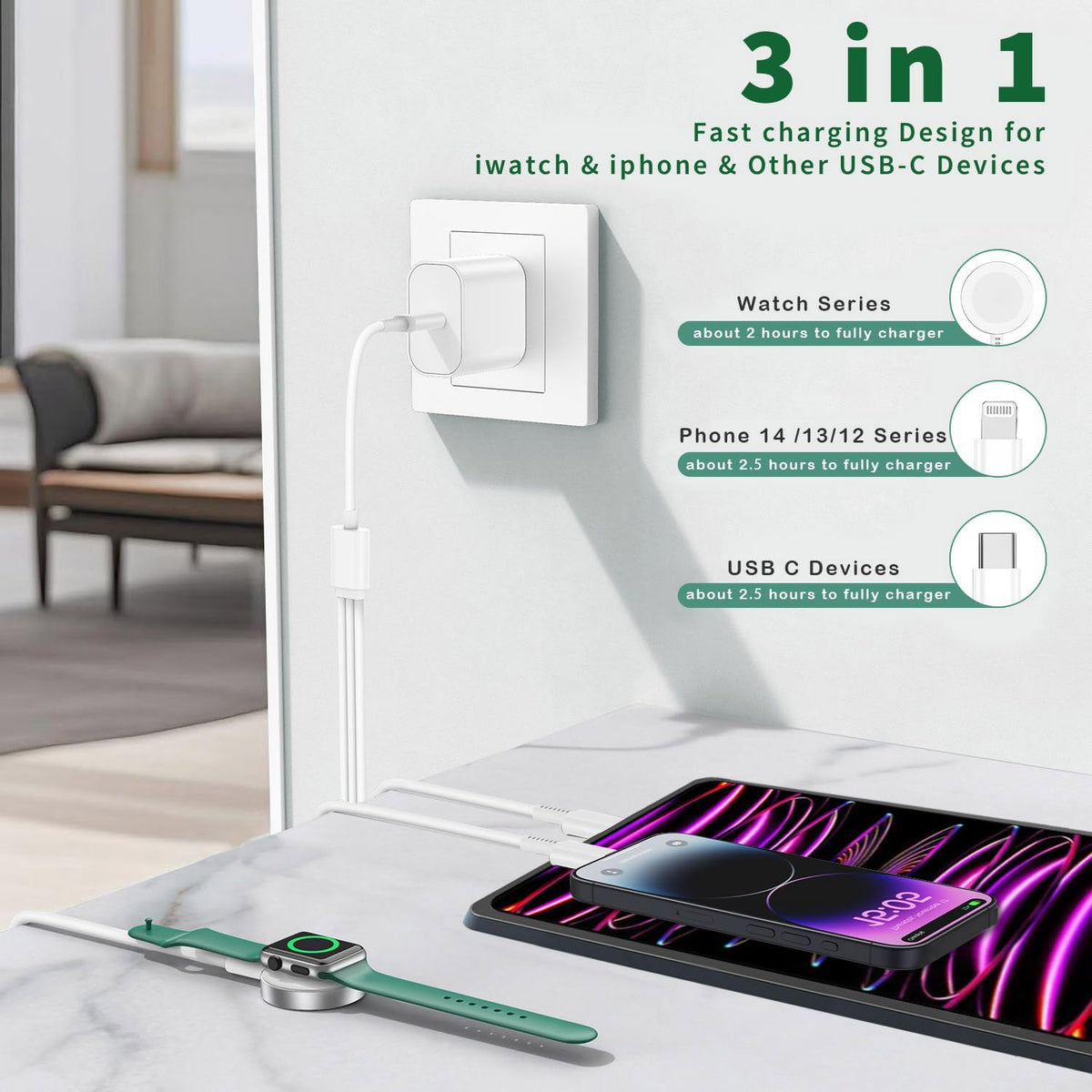 Luckinllyy 6ft multi charging cable extends reach for bed, couch, or desk.