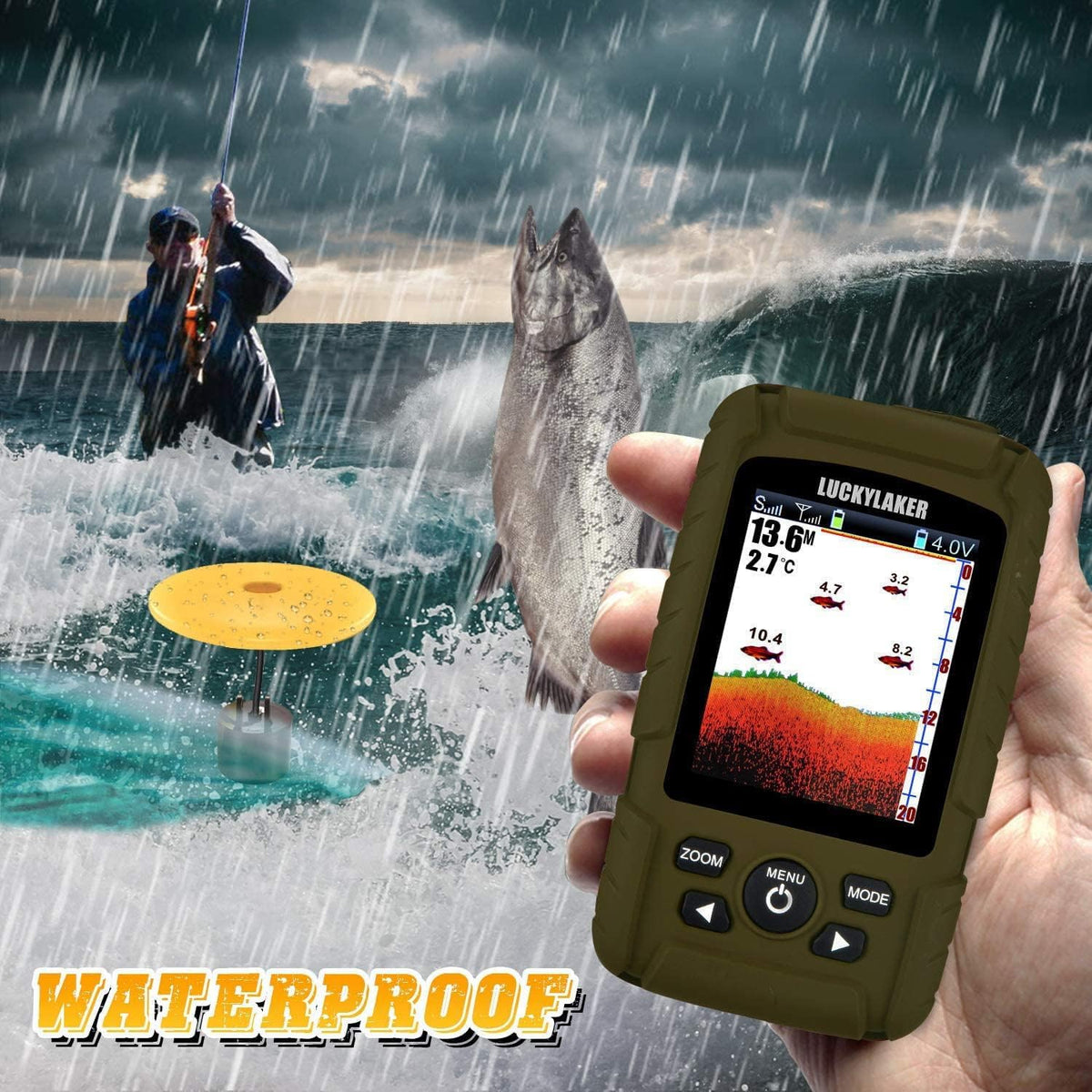 LUCKY 45-degree beam sonar transducer delivers clear underwater readings up to 100m.