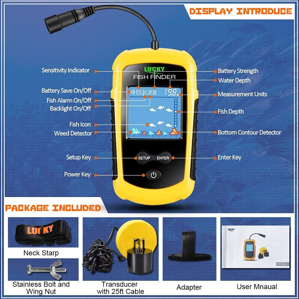 LUCKY device in kayak fishing scene helping locate fish and depth