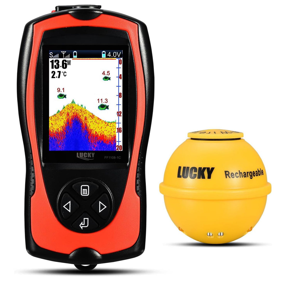 LUCKY portable fish finder LCD screen shows depth and fish size clearly
