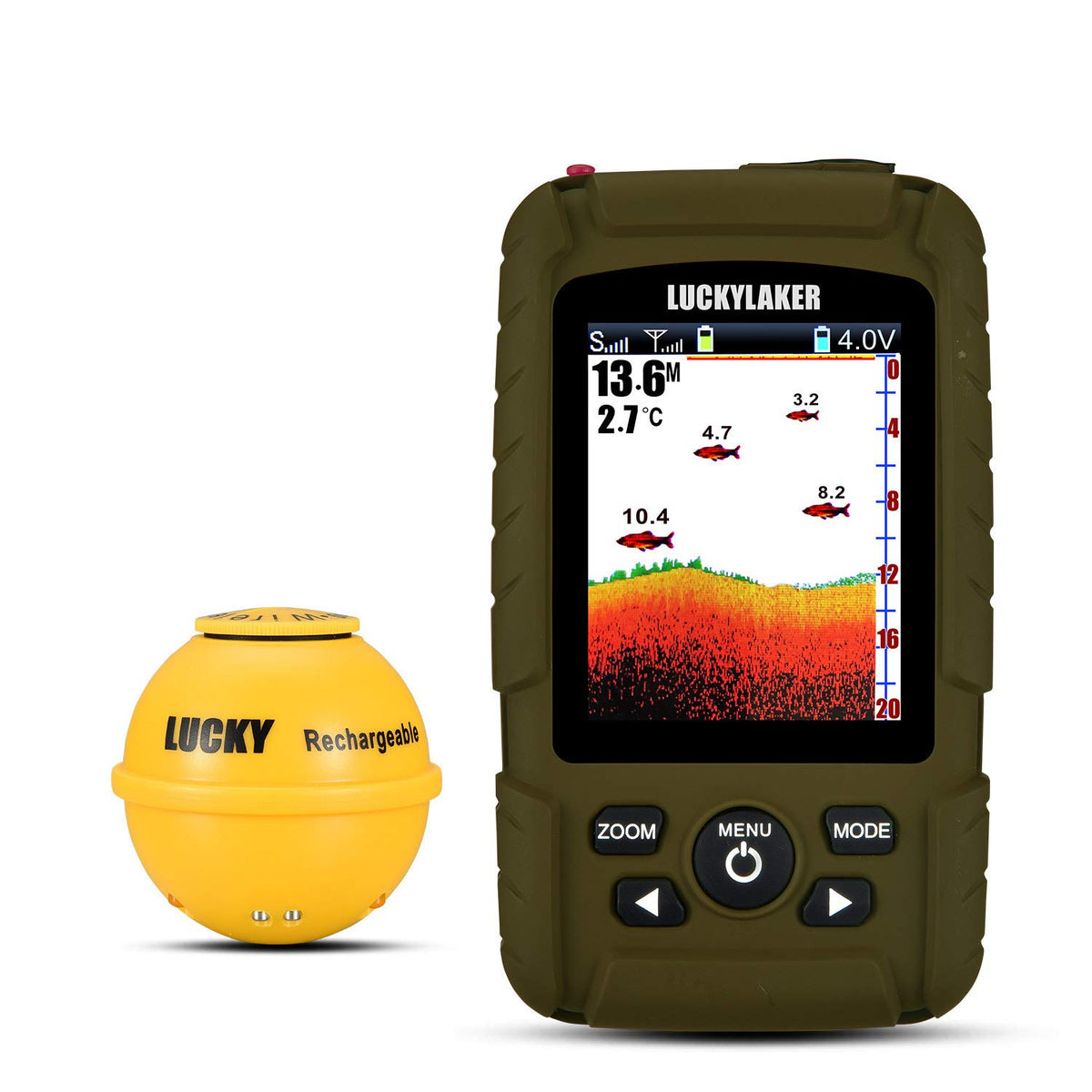 LUCKY portable sonar display showing depth and fish icons for kayak fishing