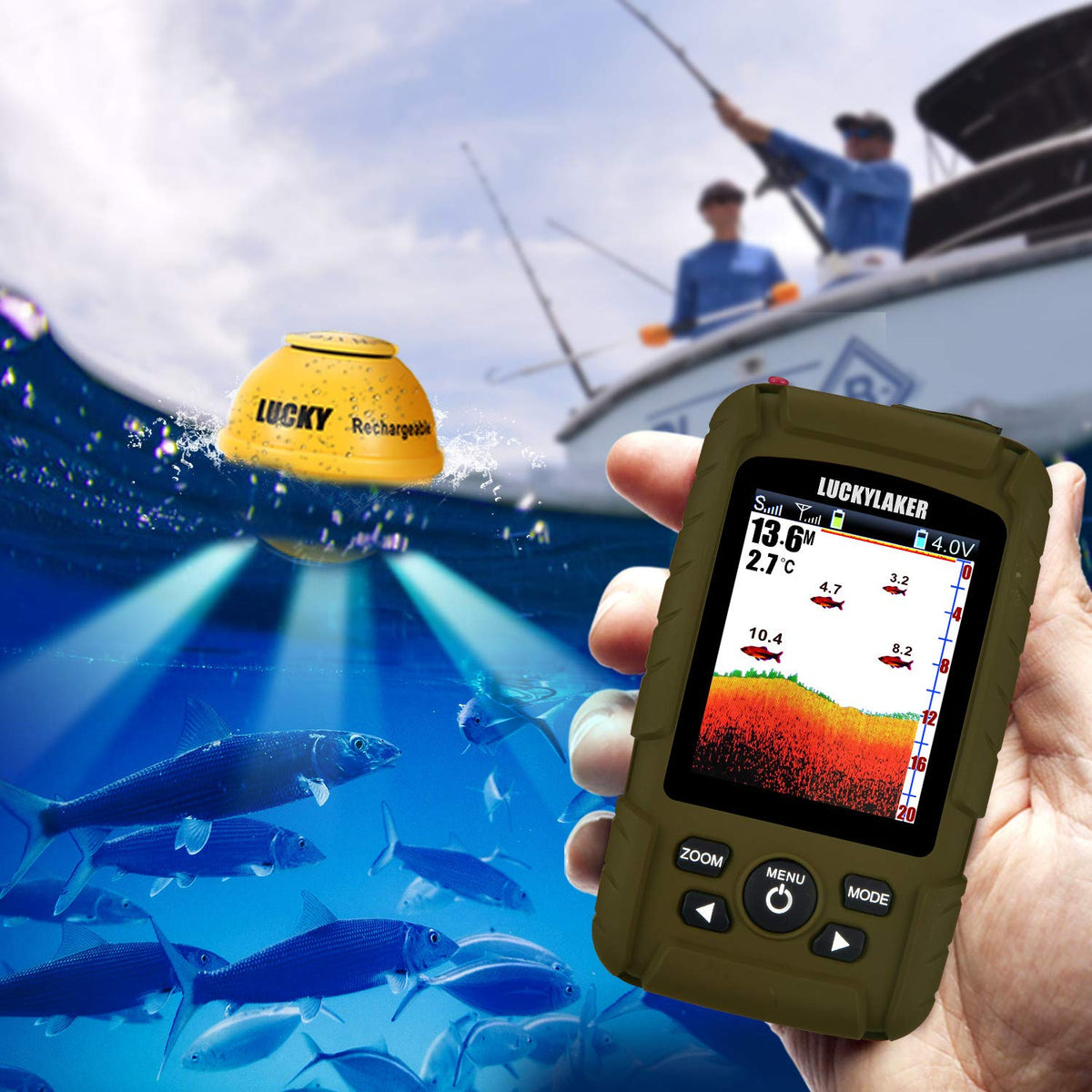 LUCKY transducer ice fishing setup showing depth data and fish hints