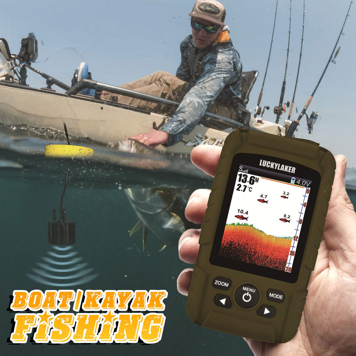 LUCKY waterproof portable fish finder transducer ensures reliable sonar in rain.