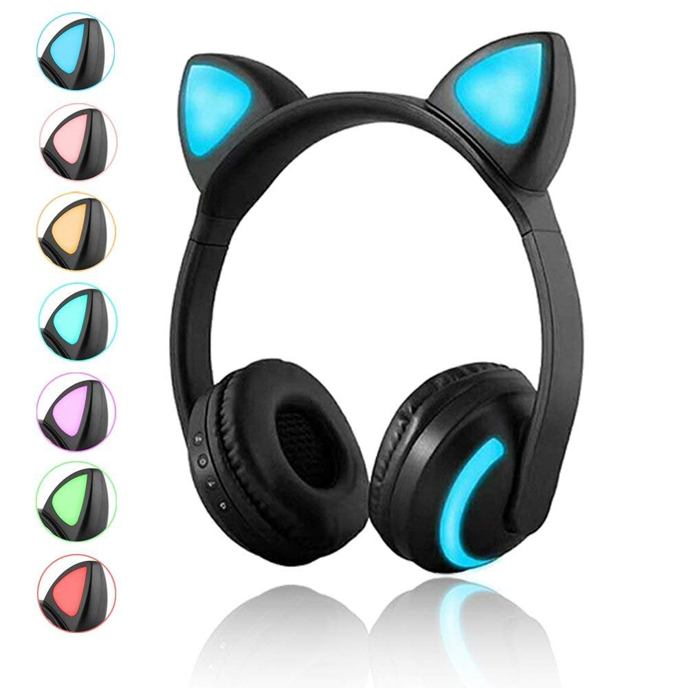 Luckyu cat ear headphones with seven-color LED glow for stylish listening sessions.