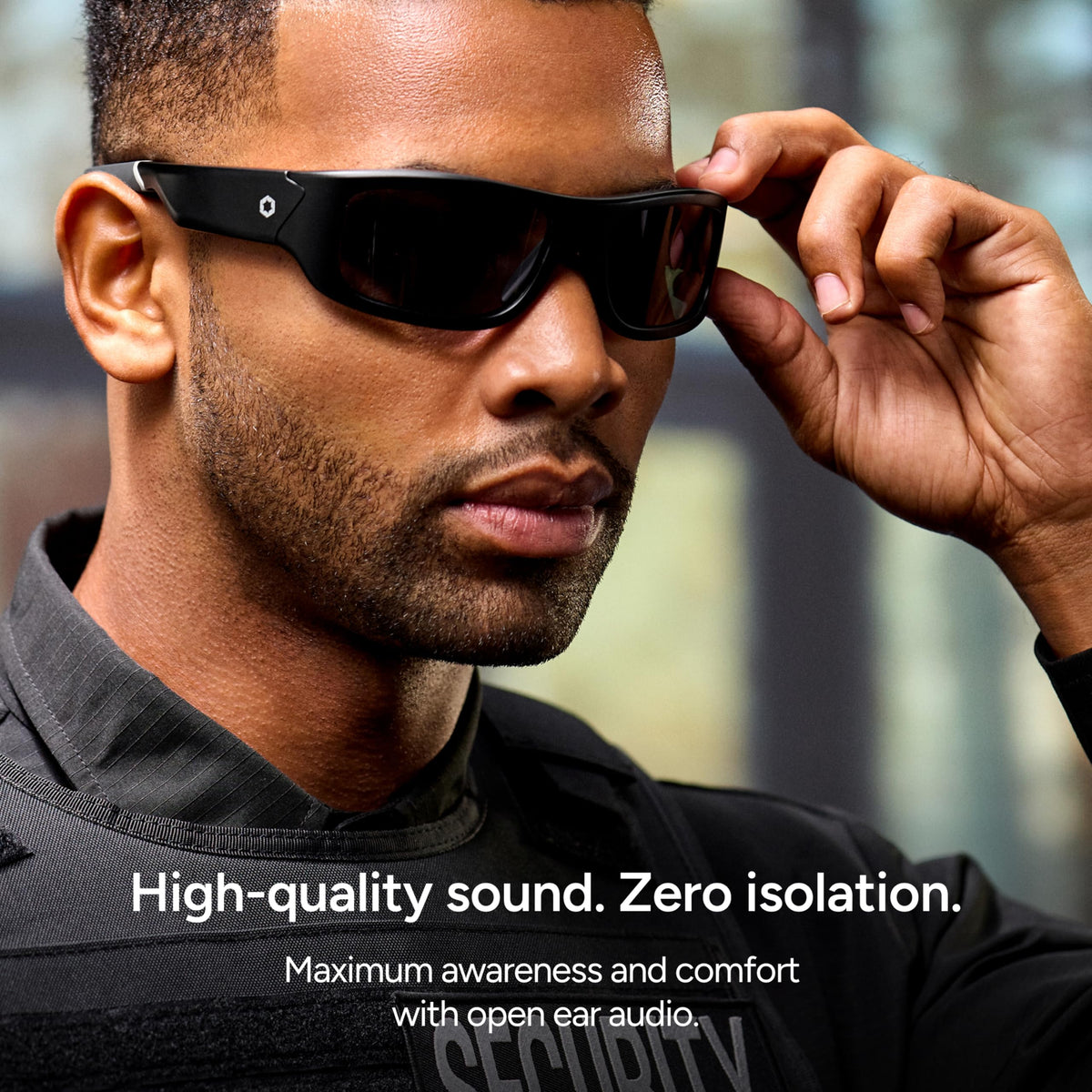 Lucyd Armor open-ear speakers delivering clear audio while staying aware of surroundings.