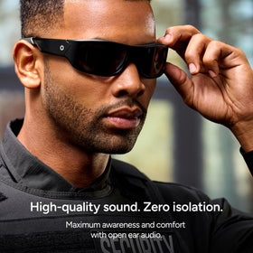 Lucyd Armor open-ear speakers delivering clear audio while staying aware of surroundings.