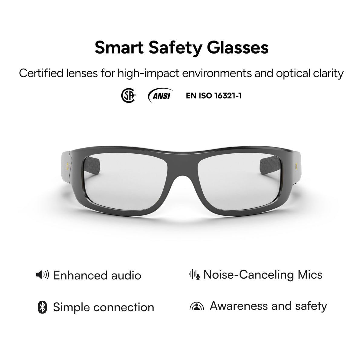 Lucyd Armor safety glasses front view highlighting light-adaptive lenses and sleek styling.