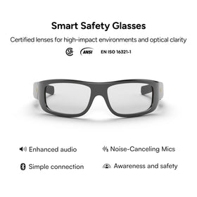 Lucyd Armor safety glasses front view highlighting light-adaptive lenses and sleek styling.
