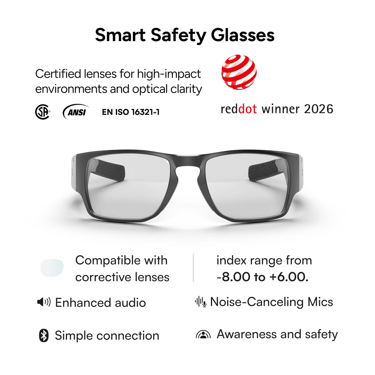 Lucyd Armor with light-adaptive lenses adjusts to light levels for comfort.