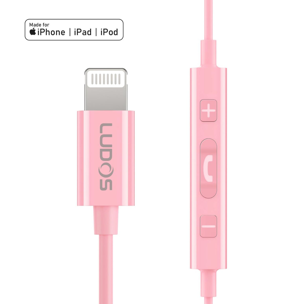 LUDOS Apple-certified pink headphones designed for iPhone users.