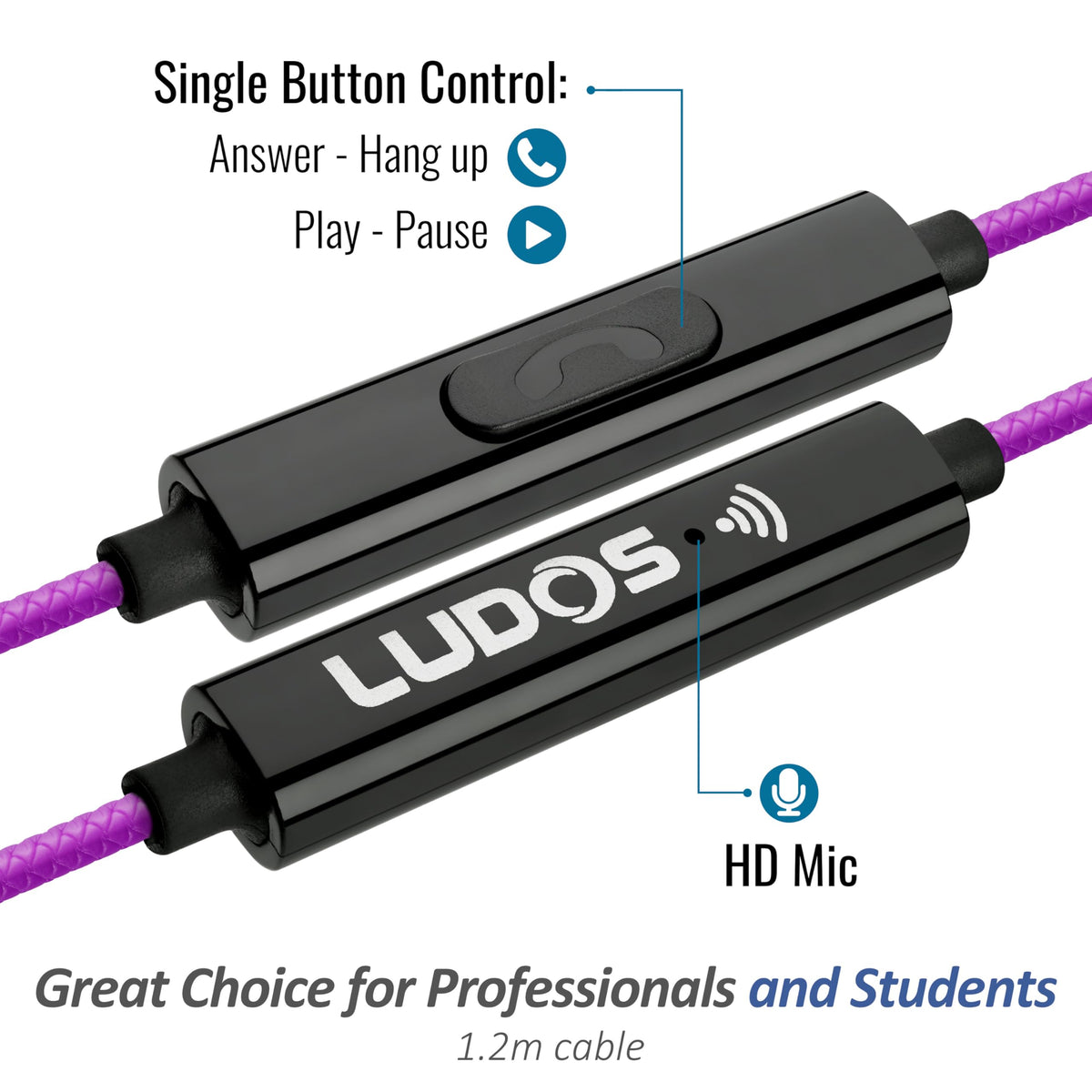 LUDOS Clamor earbuds in vibrant purple with stylish color options.