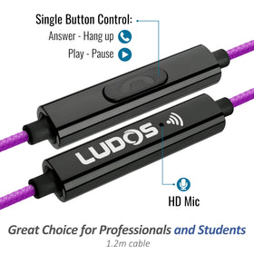 LUDOS Clamor earbuds in vibrant purple with stylish color options.