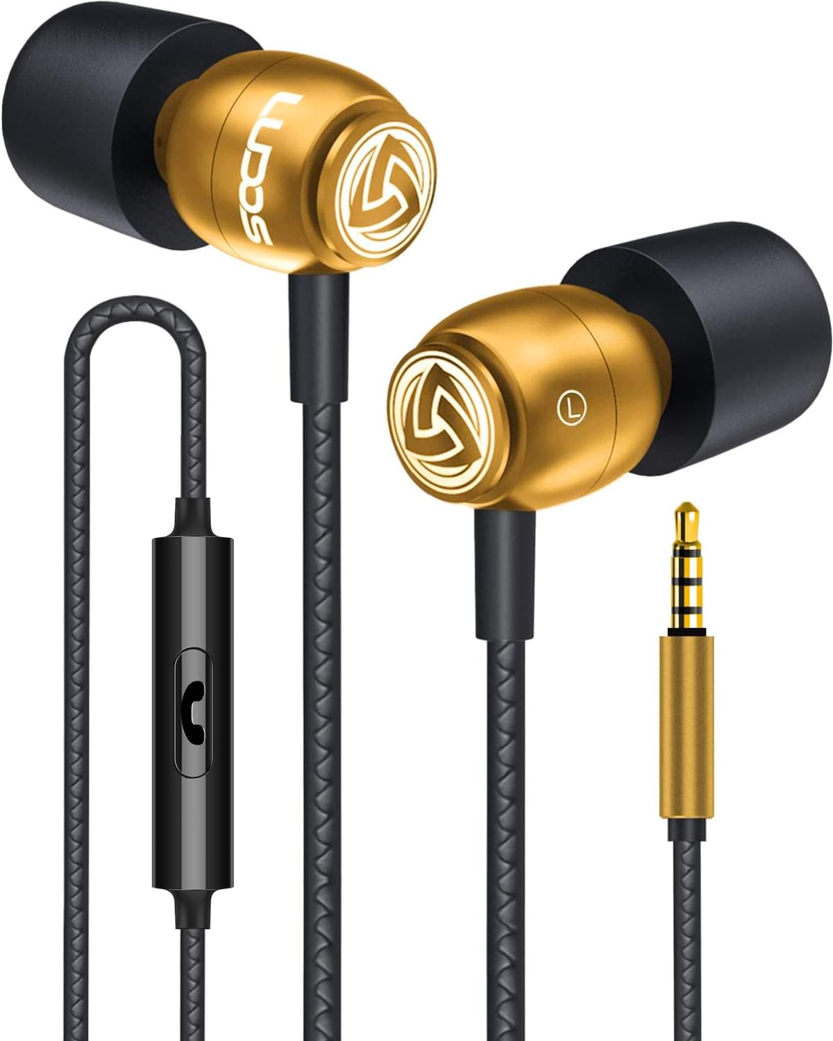 LUDOS Clamor earbuds with gold metallic finish for comfortable wear.