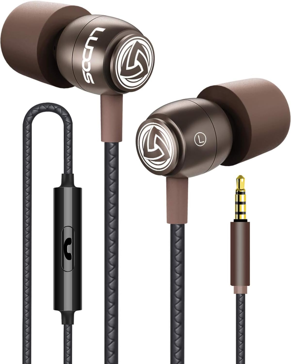 LUDOS Clamor earbuds with metallic brown finish and comfortable memory foam tips for long wear.