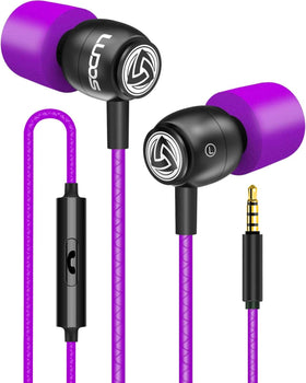LUDOS Clamor earbuds front view in purple with in-ear design for daily listening.