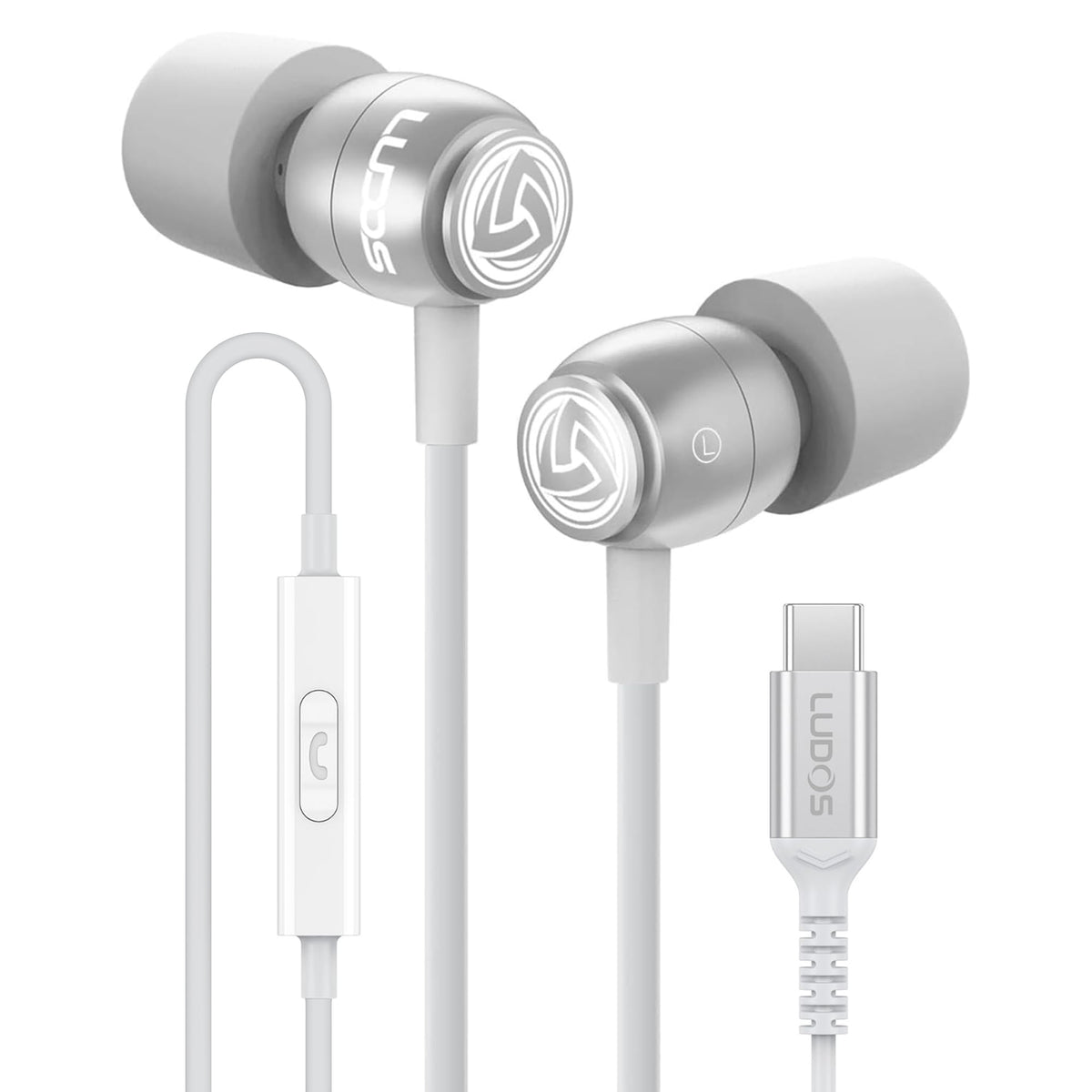 LUDOS Clamor front packaging showing earbuds and USB‑C plug, clear features benefit
