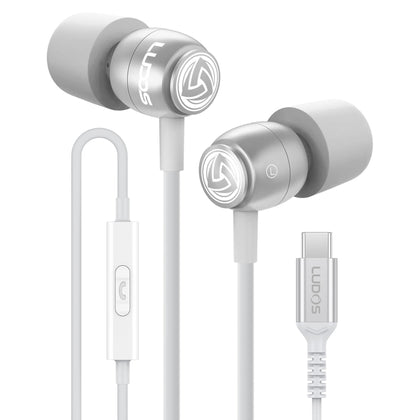 LUDOS Clamor front packaging showing earbuds and USB‑C plug, clear features benefit