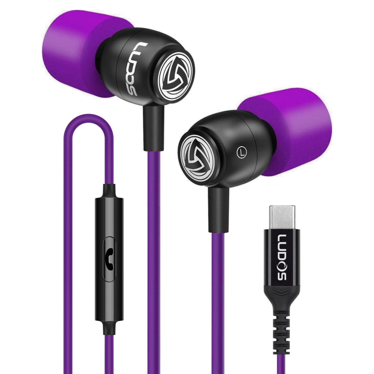 LUDOS Clamor front packaging showing earbuds and USB-C plug for clear buying info