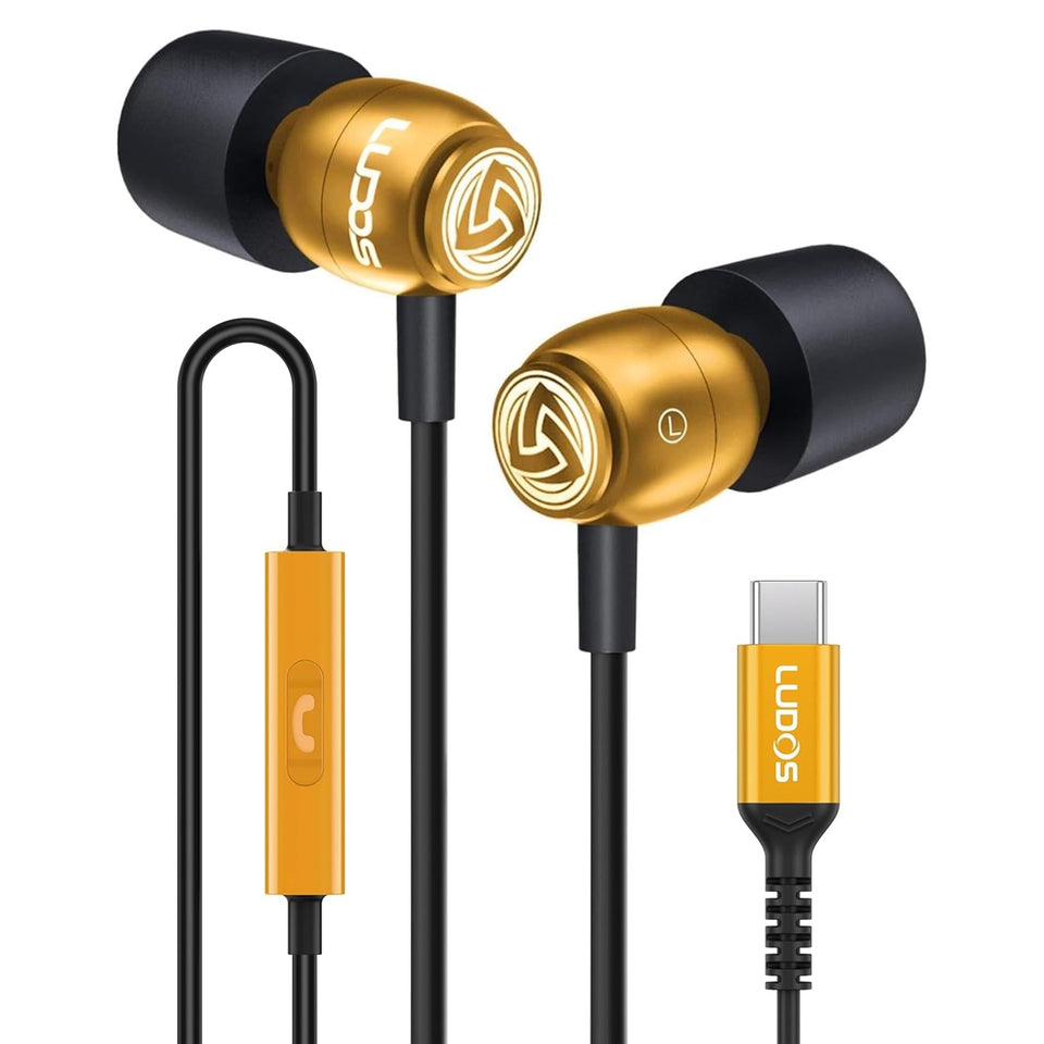 LUDOS Clamor front packaging showing earbuds and USB‑C connector for easy device pairing