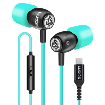 LUDOS Clamor front packaging showing earbuds and USB‑C plug, clear benefit visible
