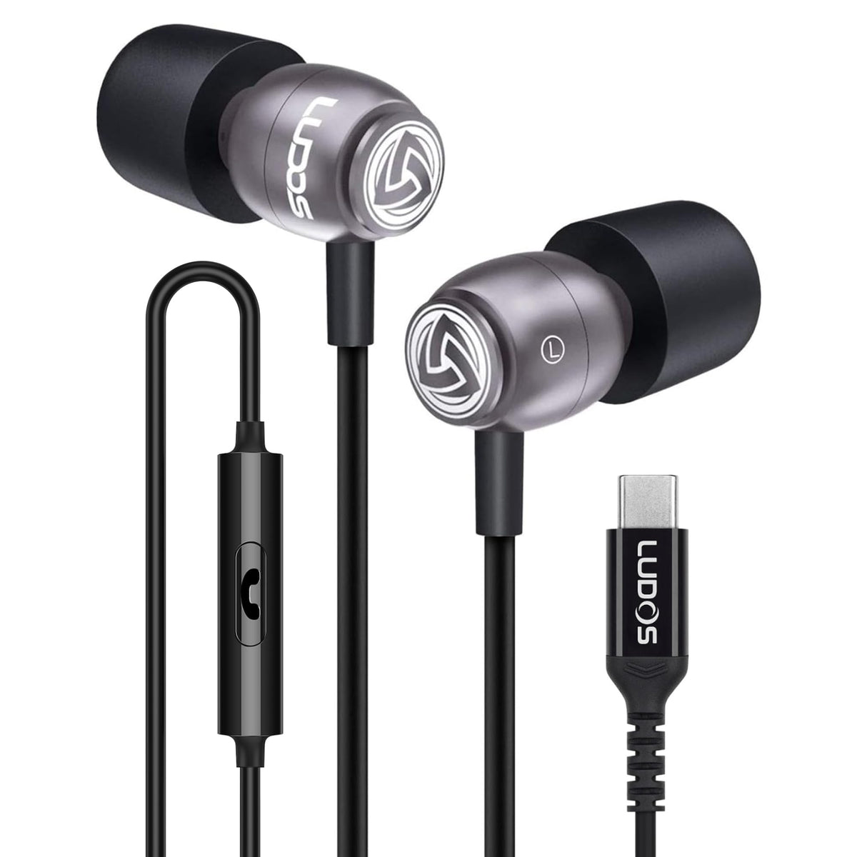 LUDOS Clamor front packaging showing earbuds and USB‑C plug for easy identification and purchase