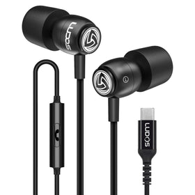 LUDOS Clamor front view showing earbuds and cable, highlighting reliable wired audio