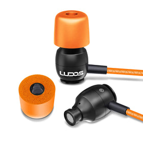 LUDOS Clamor orange earbuds in use for study, commute, or leisure listening