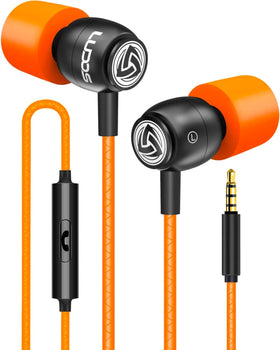 LUDOS Clamor orange wired earbuds product shot highlights portable design