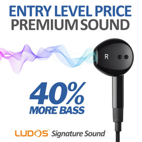 LUDOS FEROX earbud close-up highlighting tip texture and comfortable fit benefit