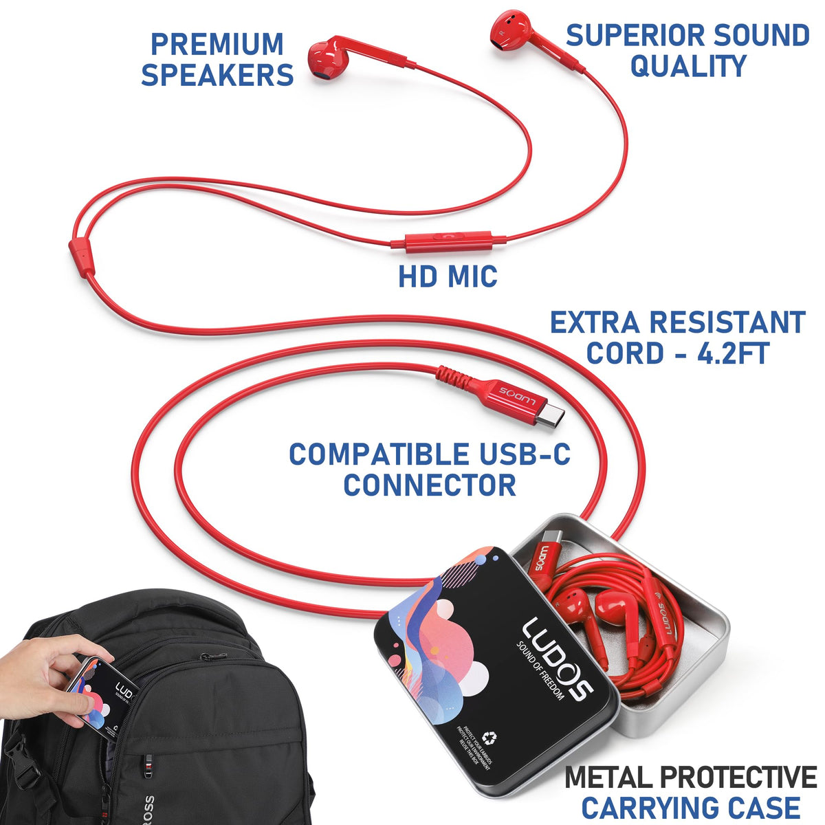 LUDOS FEROX USB-C earphones in-ear fit for comfort.