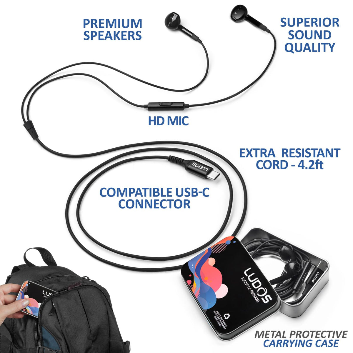 LUDOS FEROX USB-C earphones packaging highlights 5-year warranty and support