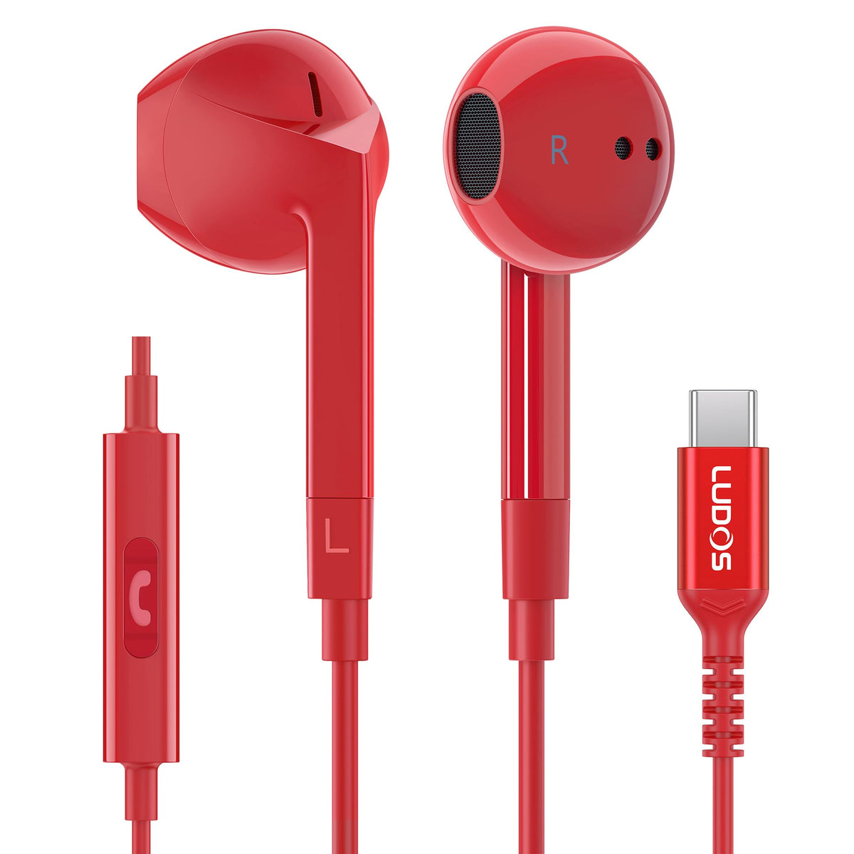 LUDOS FEROX USB-C earphones packaging shows wide device compatibility.