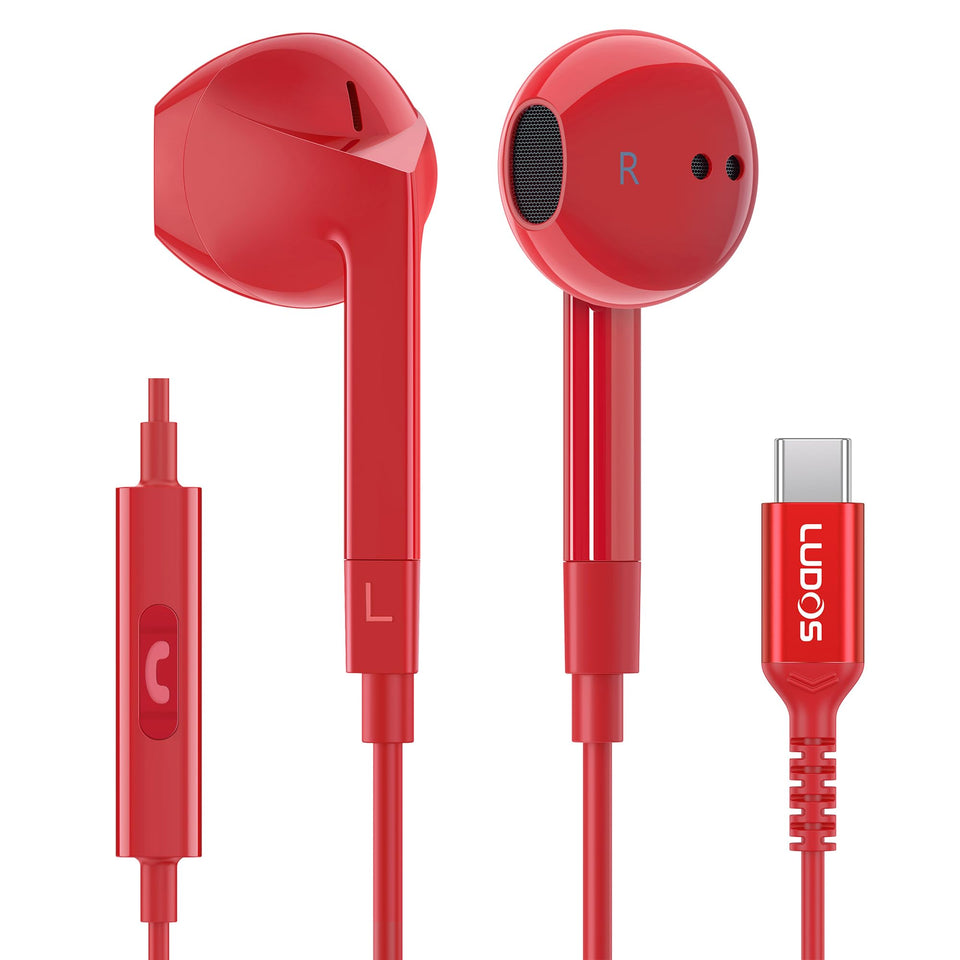 LUDOS FEROX USB-C earphones packaging shows wide device compatibility.