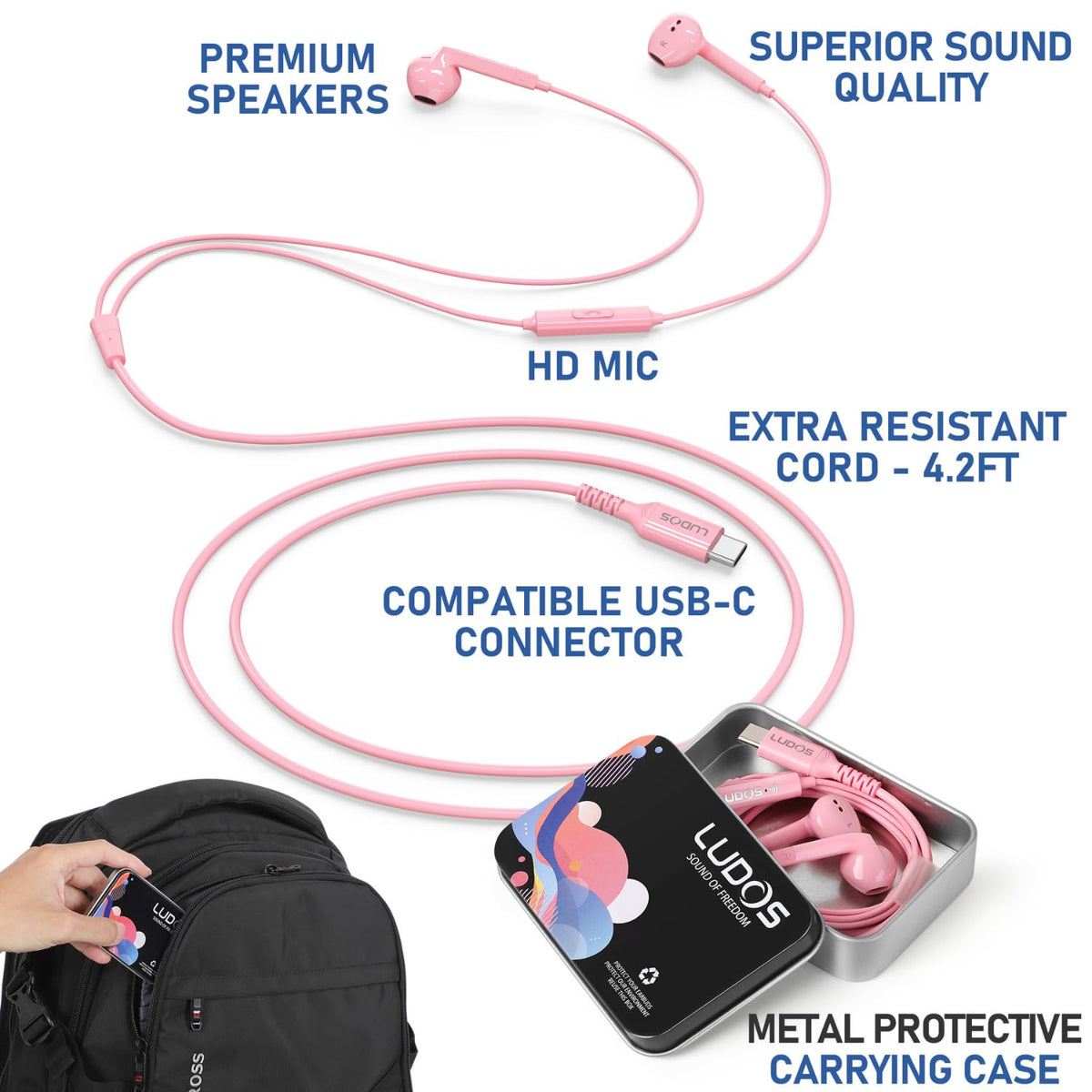 LUDOS FEROX USB-C headphones with a comfortable fit for long wear.