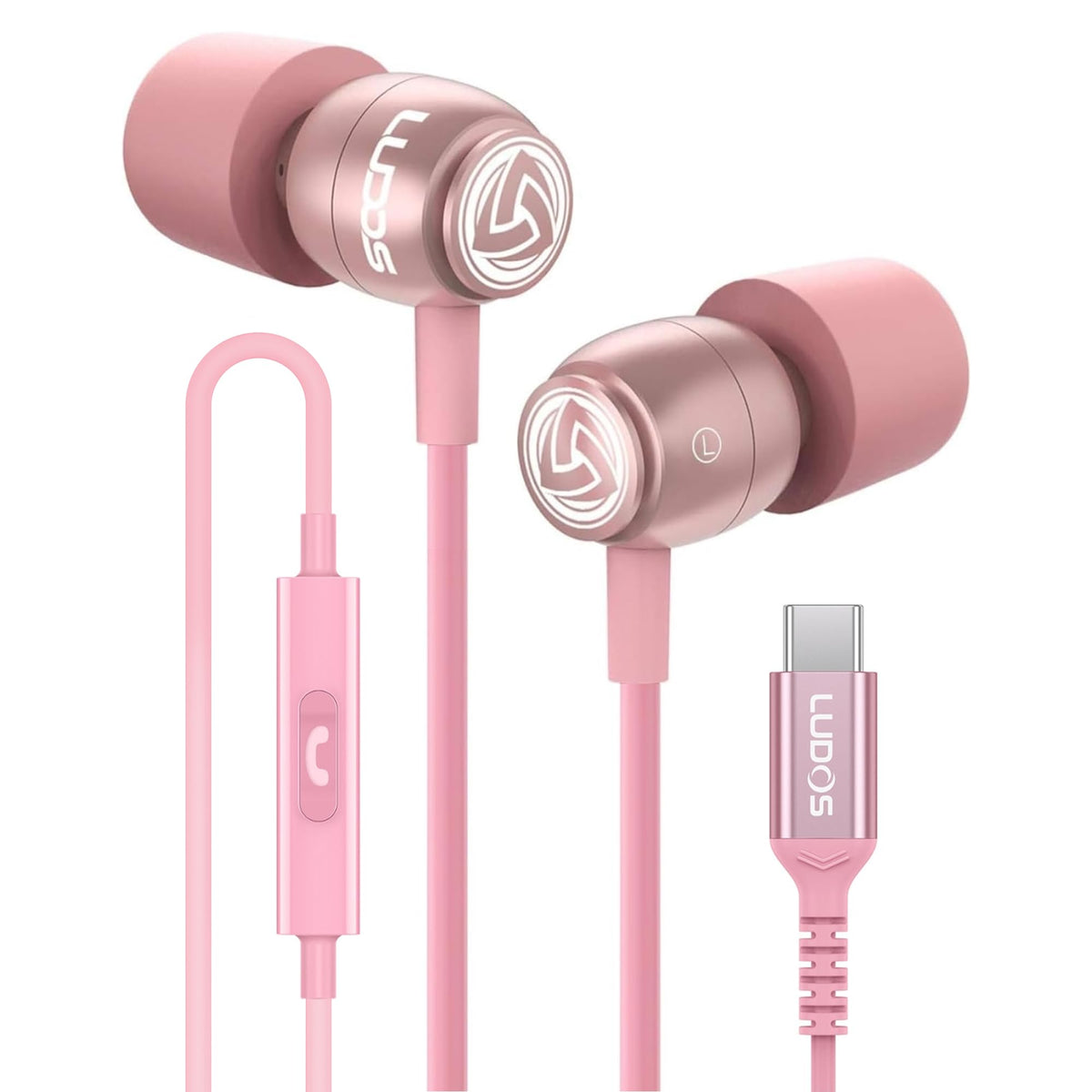 LUDOS front packaging showing earbuds and USB-C plug for clear device compatibility