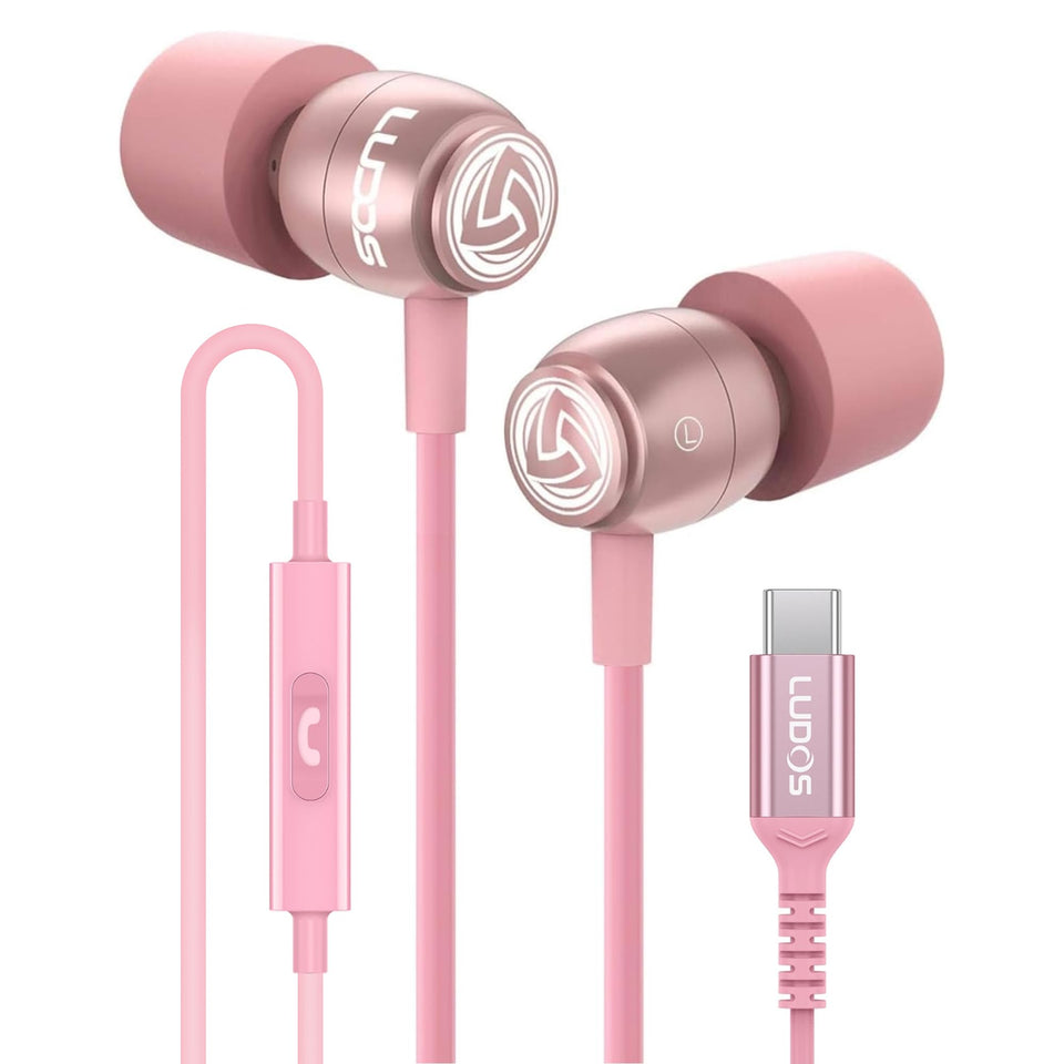 LUDOS front packaging showing earbuds and USB-C plug for clear device compatibility