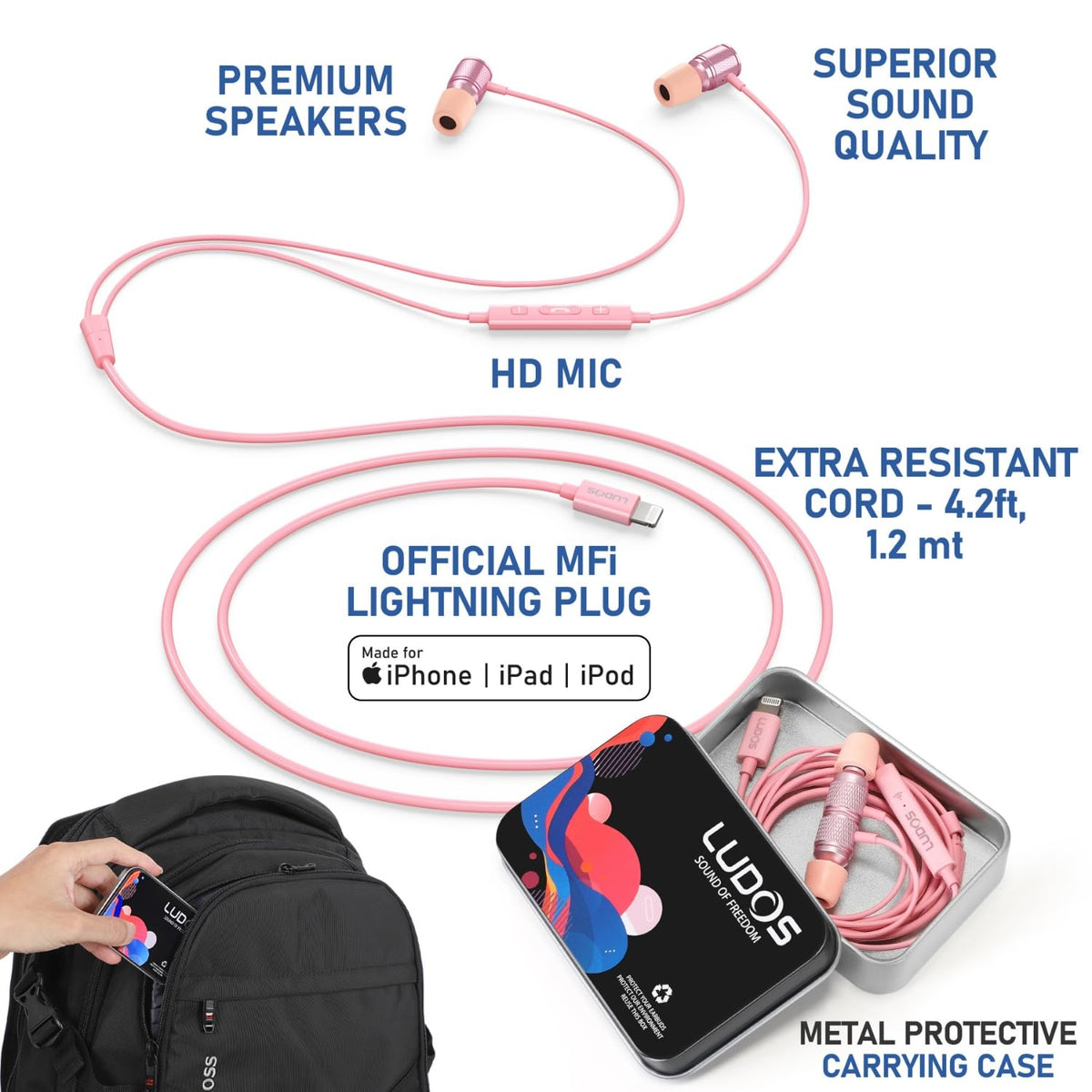 LUDOS iPhone-compatible headphones with MFi certification ensure reliable plug-and-play.