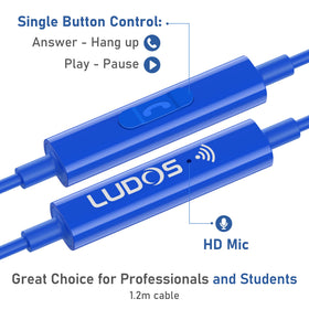 LUDOS OMNITONE wired earbuds with a 3.5 mm jack compatible with laptops and phones.
