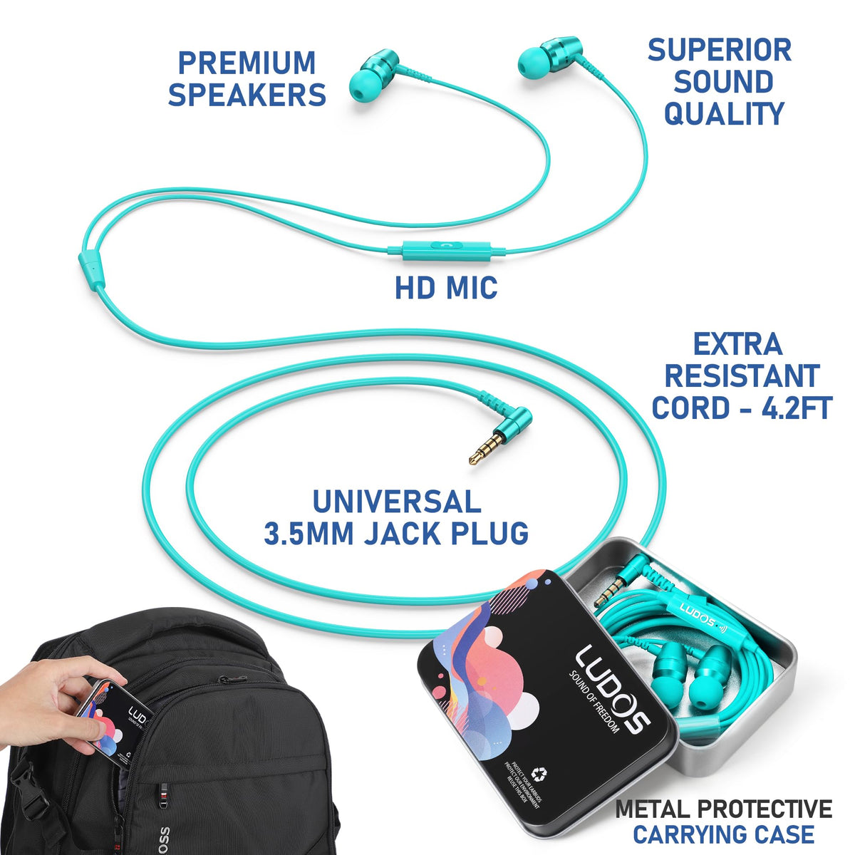 LUDOS OMNITONE turquoise earbuds close-up showing 3.5 mm connector for reliable wired sound
