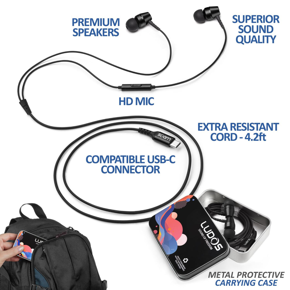 LUDOS OMNITONE comfort-fit earbuds provide hours of wearing comfort.