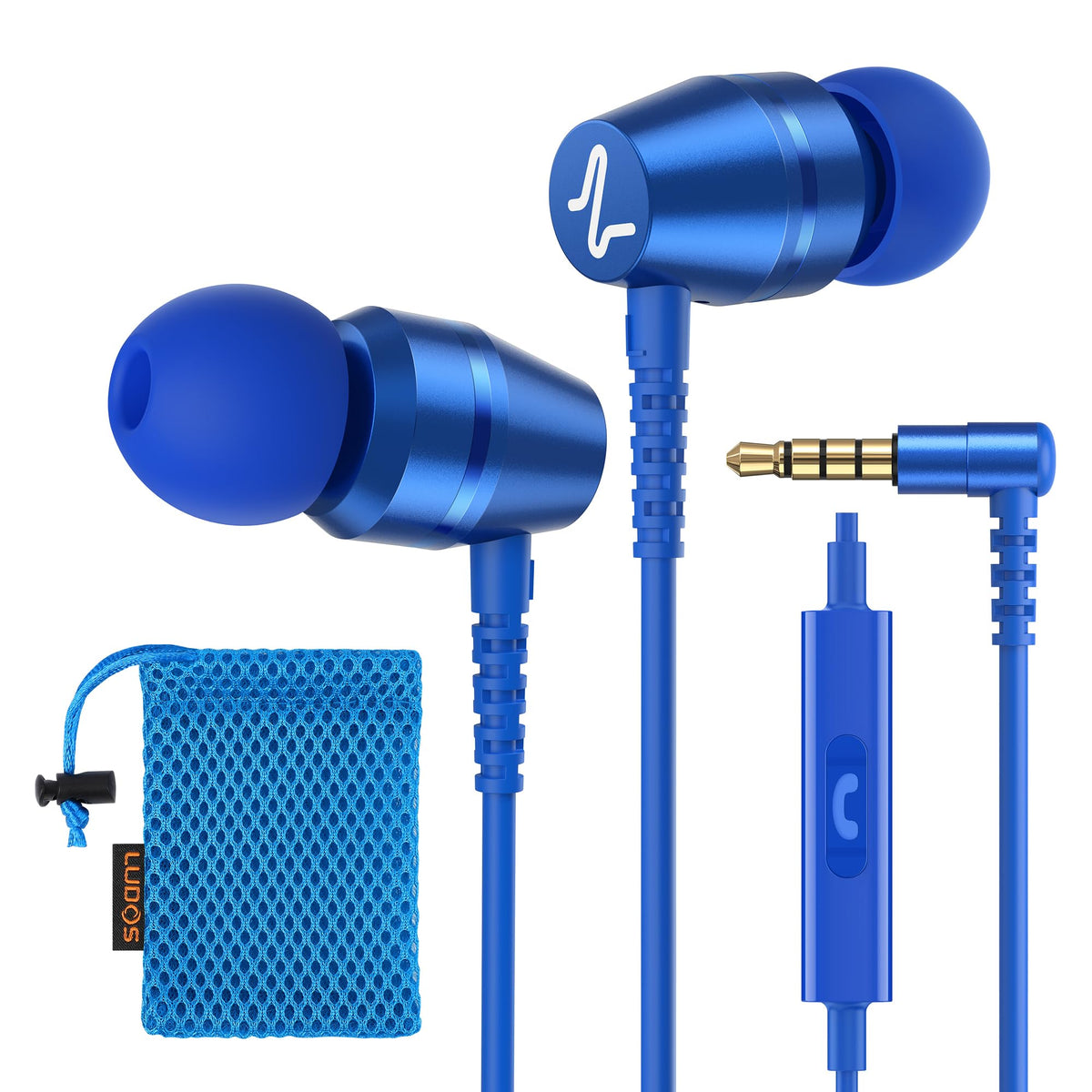 LUDOS OMNITONE earphones close-up showing the blue finish and comfortable design for daily listening.
