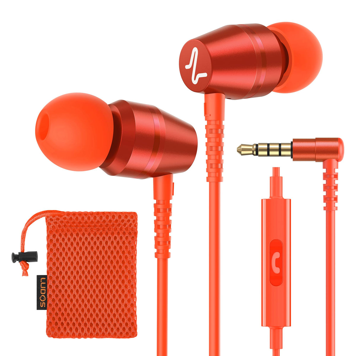 LUDOS OMNITONE coral front view showing compact wired earbuds for everyday listening