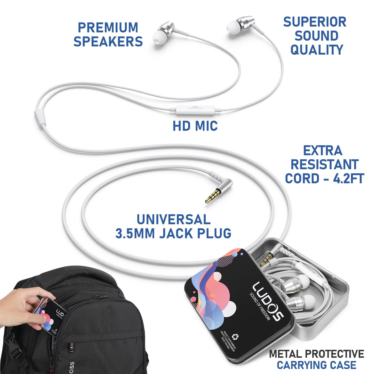 LUDOS OMNITONE earphones in-ear fit shown for comfortable all-day wear.