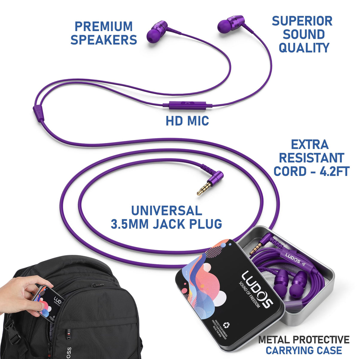 LUDOS OMNITONE wired earbuds reduce background noise for clearer calls.