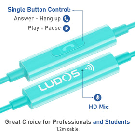 LUDOS OMNITONE turquoise earbuds with microphone for meetings and calls