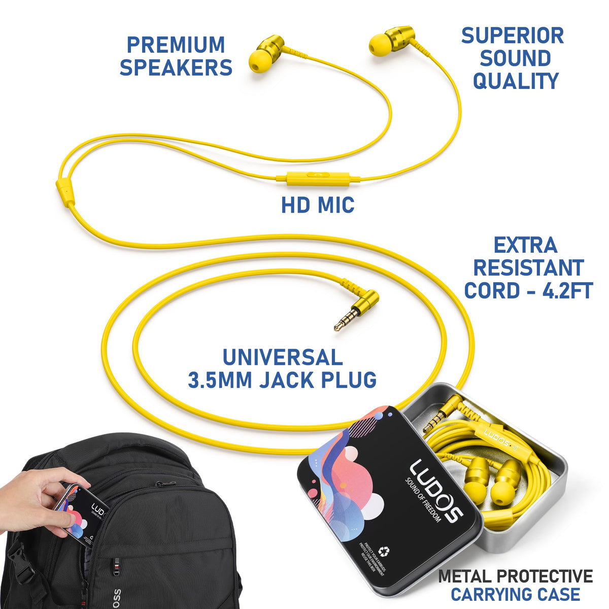 LUDOS OMNITONE earphones with microphone for clear calls.