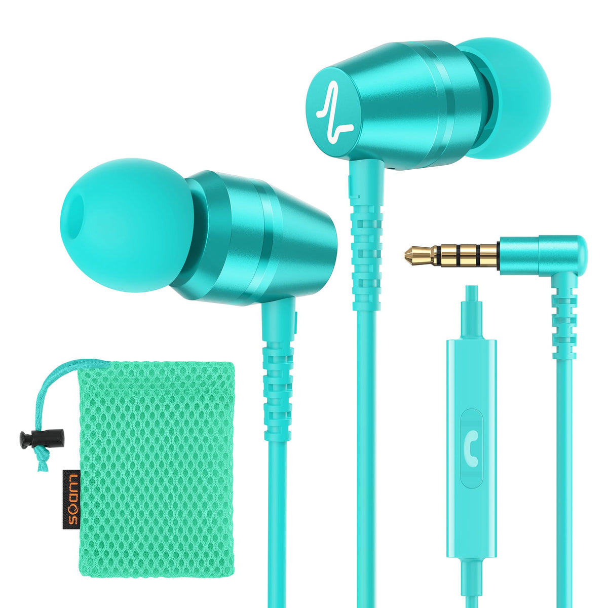 LUDOS OMNITONE turquoise wired earbuds front view for clear calls