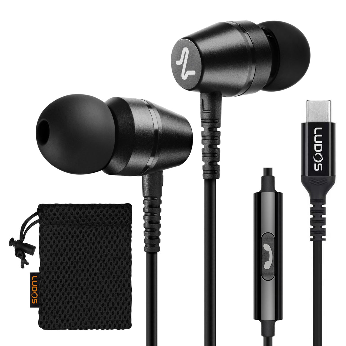 LUDOS OMNITONE USB-C earbuds closeup showing premium build and portable design for daily use.