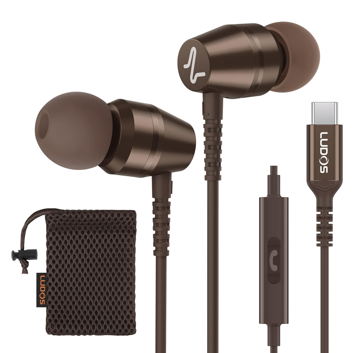 LUDOS OMNITONE USB-C headphones shown with iPhone compatibility and privacy audio